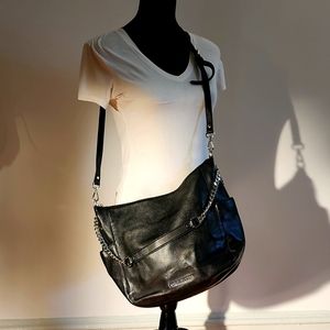 MIchael Kors Black Leather Crossbody with Silver Link Handbag Chain